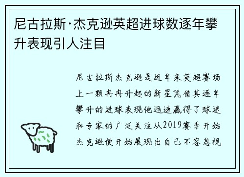 尼古拉斯·杰克逊英超进球数逐年攀升表现引人注目